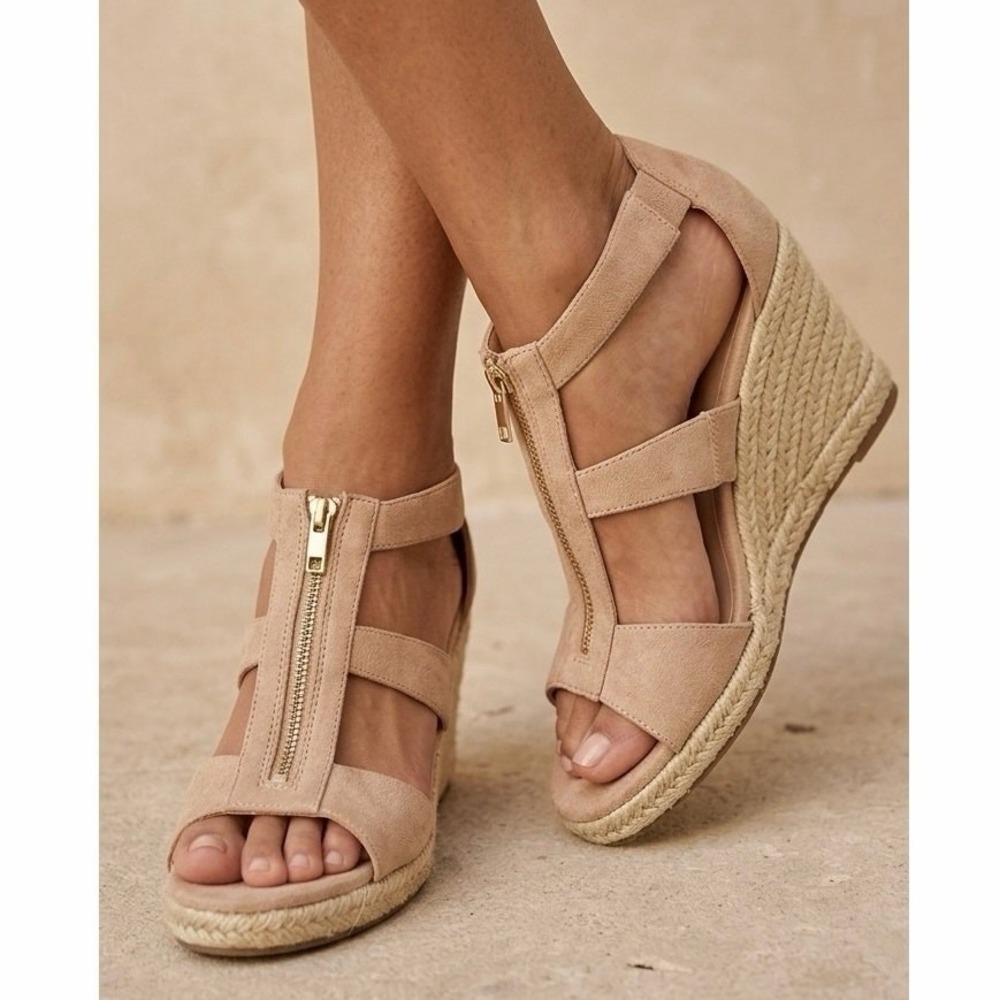 JustFab Tan Faux Suede Espadrille Wedge Sandals with Zip Detail - Size 8.5